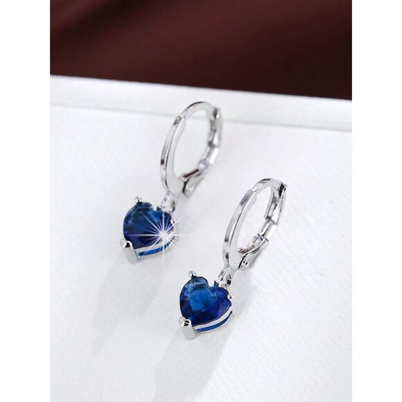 Sapphire Blue Heart Cubic Zirconia Silver Pendant Drop Earrings Dangle Hoop - Picture 2 of 5